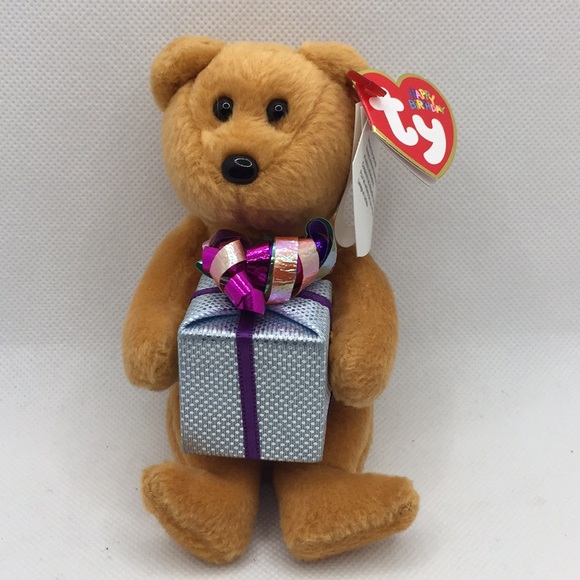 Ty Beanie Baby Retired 2004 Happy Birthday Bear Holding A Gift 5" Hanging Toy - Picture 4 of 11